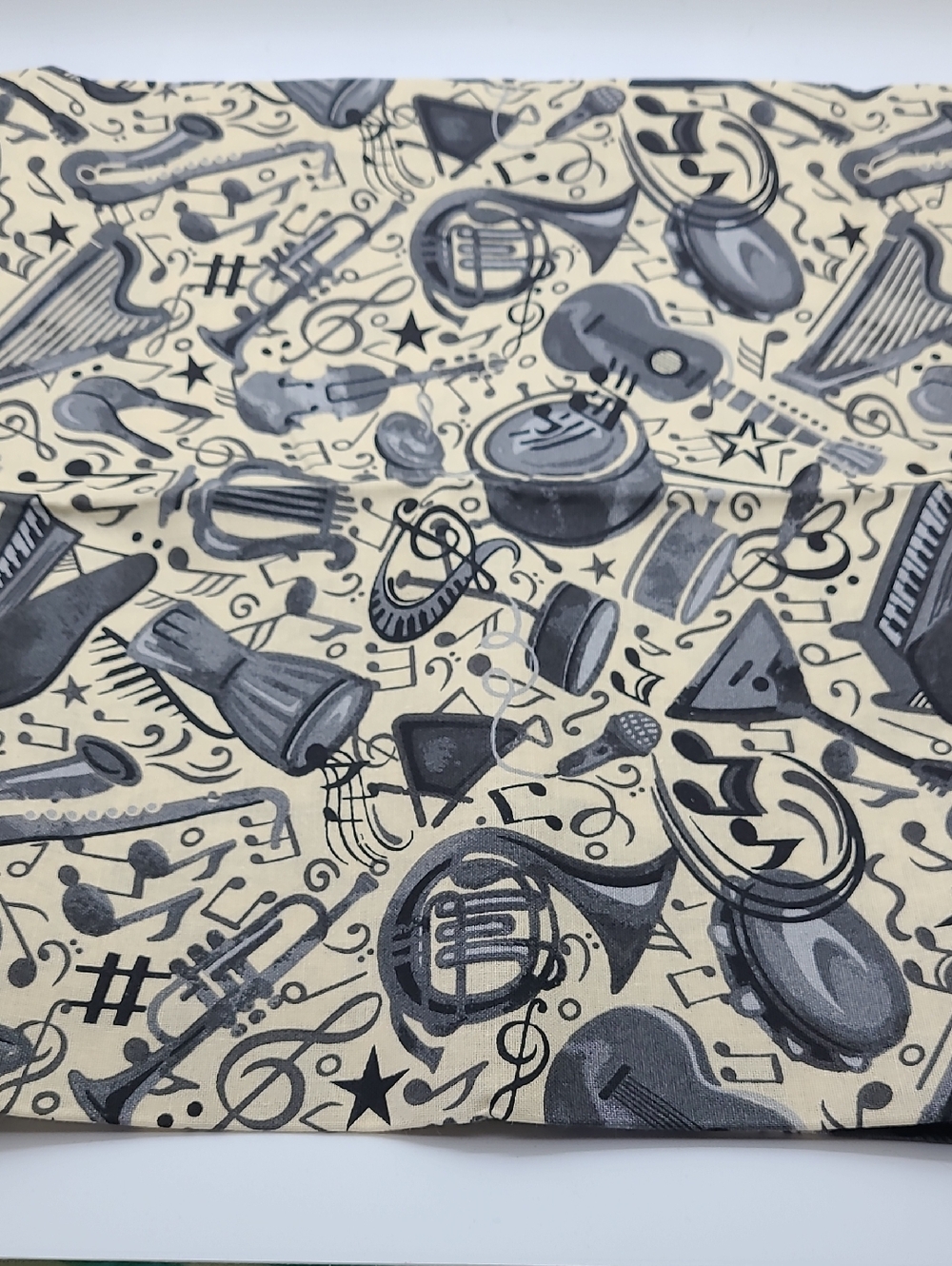 Music Notes & Instruments Cotton Fabric Panel - Black on Cream